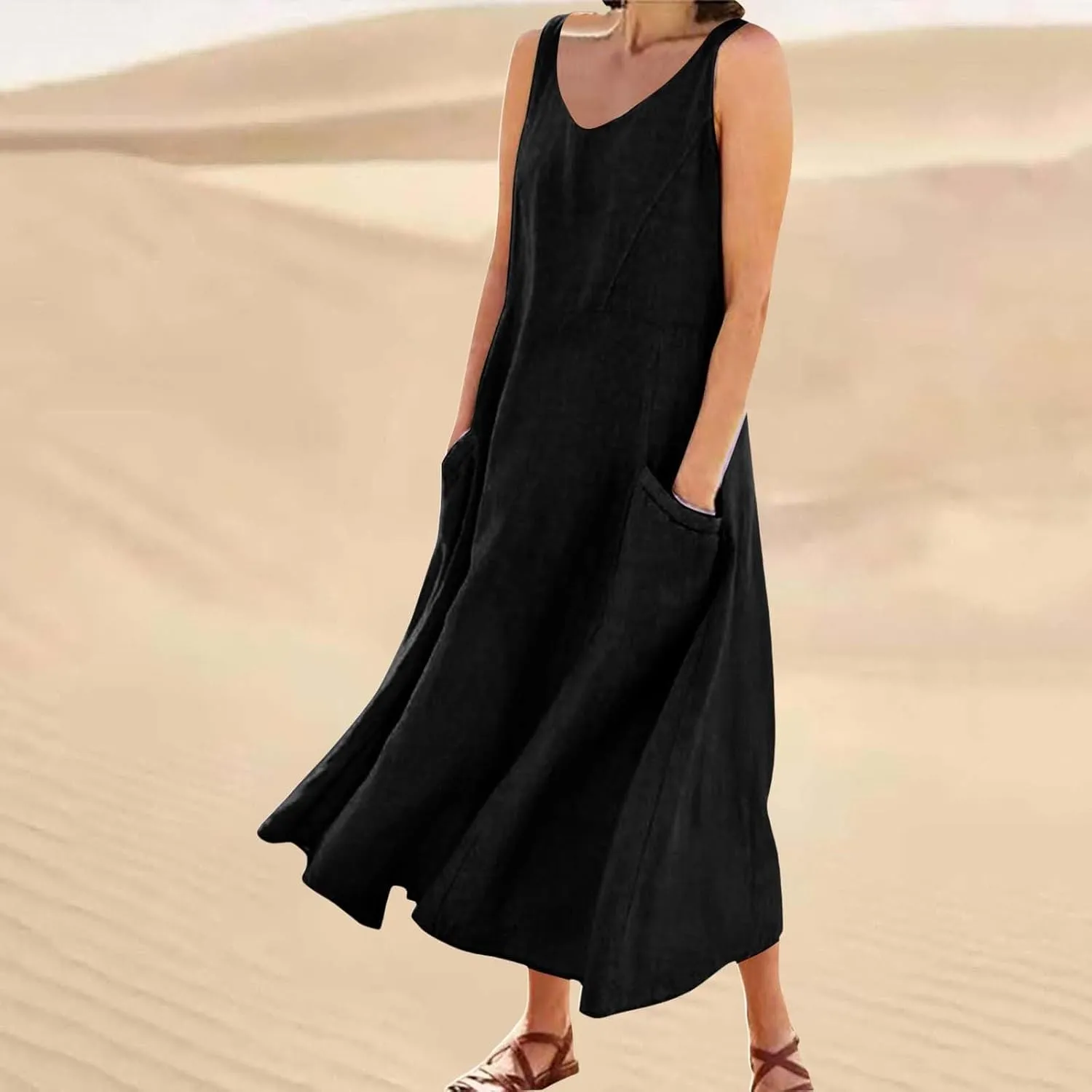 Womens Linen Dresses 2025 Boho Sleeveless Halter Dress Maxi Flowy Cute Plus Size Sundresses Dressy Casaul Vacation