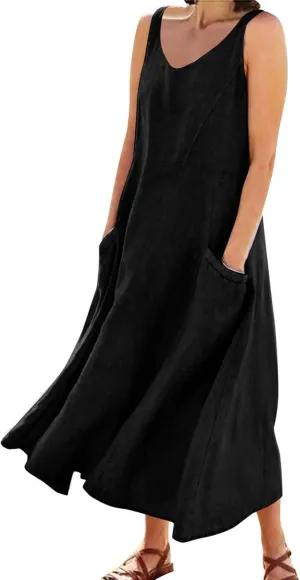Womens Linen Dresses 2025 Boho Sleeveless Halter Dress Maxi Flowy Cute Plus Size Sundresses Dressy Casaul Vacation