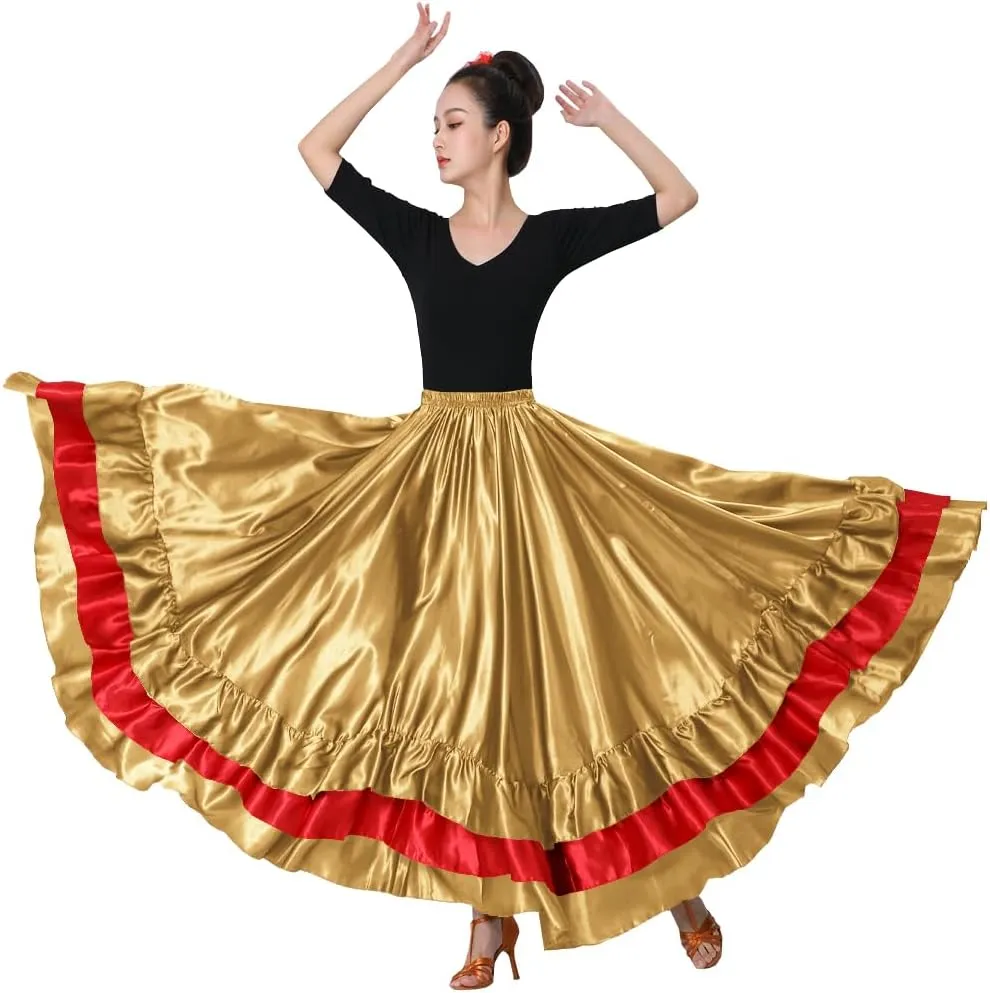 Women's Long Mexican Folkloric Dance Skirt with Ruffles, Full Dancing Circle, Shiny, Gold Theme