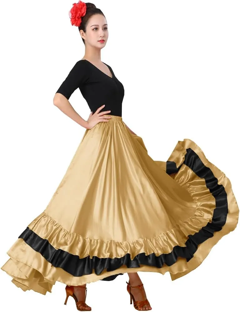 Women's Long Mexican Folkloric Dance Skirt with Ruffles, Full Dancing Circle, Shiny, Gold Theme
