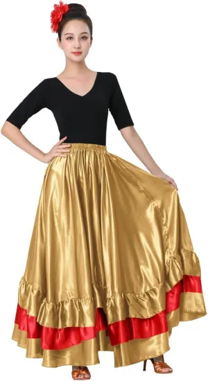 Women's Long Mexican Folkloric Dance Skirt with Ruffles, Full Dancing Circle, Shiny, Gold Theme