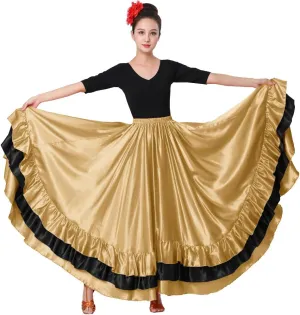 Women's Long Mexican Folkloric Dance Skirt with Ruffles, Full Dancing Circle, Shiny, Gold Theme