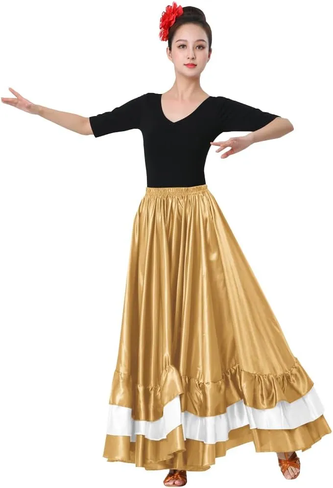 Women's Long Mexican Folkloric Dance Skirt with Ruffles, Full Dancing Circle, Shiny, Gold Theme