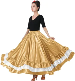 Women's Long Mexican Folkloric Dance Skirt with Ruffles, Full Dancing Circle, Shiny, Gold Theme
