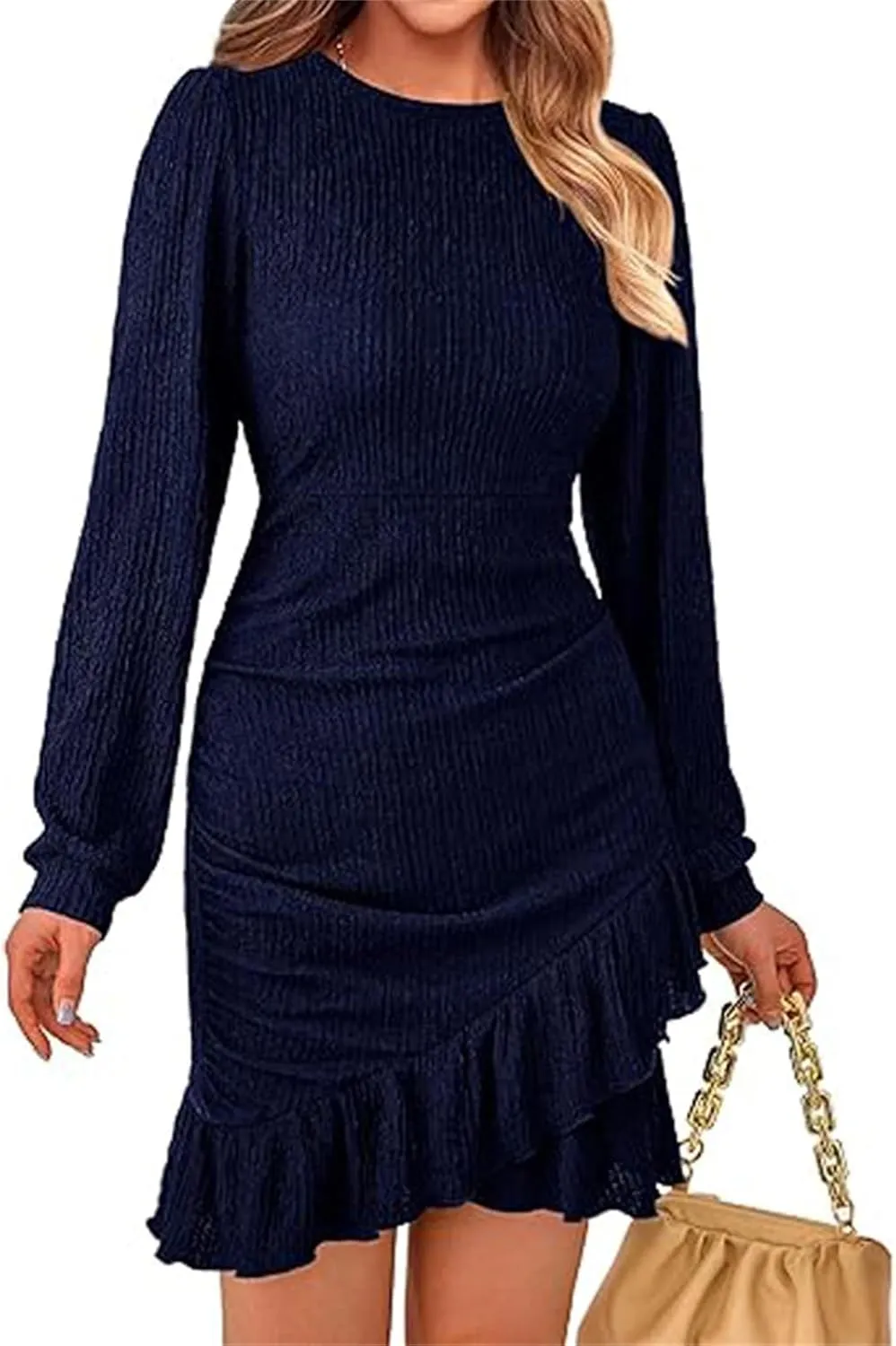 Women's Long Puff Sleeve Ruched Bodycon Mini Short Dress Fall Ruffle Fitted Cocktail Spring Dresses