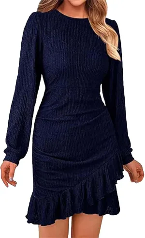 Women's Long Puff Sleeve Ruched Bodycon Mini Short Dress Fall Ruffle Fitted Cocktail Spring Dresses