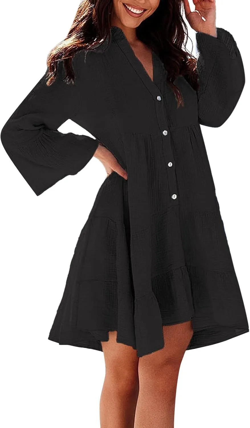 Women's Long Sleeve Botton Ruffle Dresses Casual Loose Swing Mini Dress Casual Skirts for Women 2024