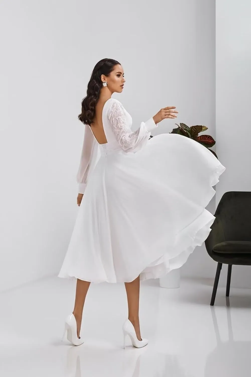 Women's Long Sleeves Tea Length Wedding Dress for Bride Chiffon V Neck A Line Midi Bridal Dress for Women
