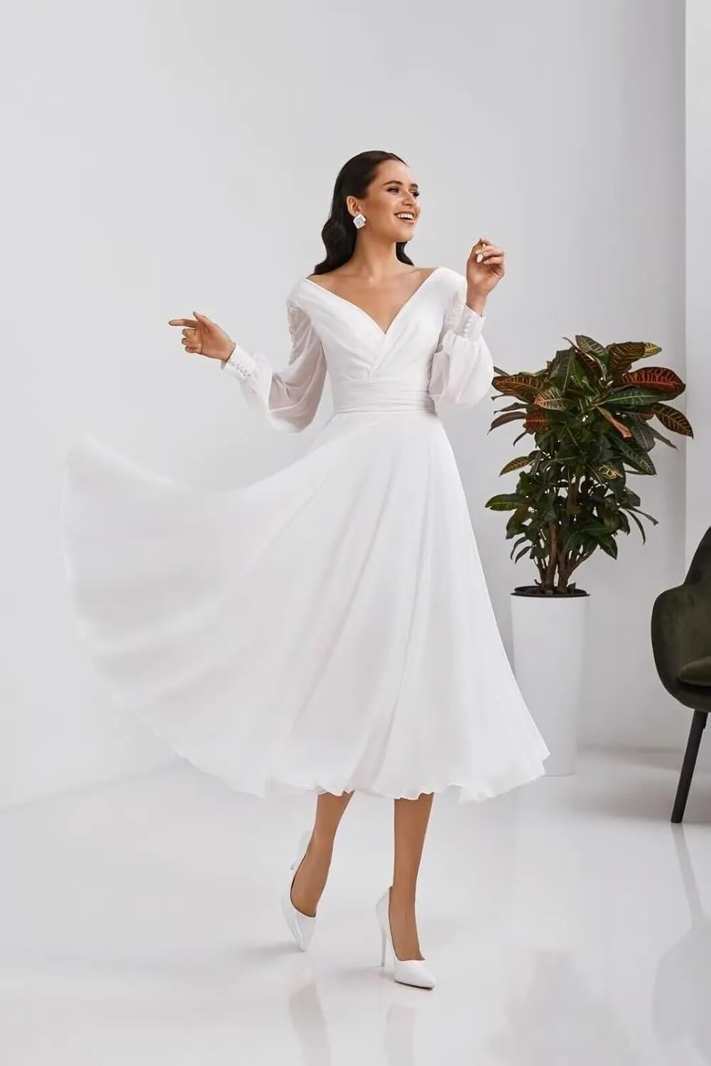 Women's Long Sleeves Tea Length Wedding Dress for Bride Chiffon V Neck A Line Midi Bridal Dress for Women