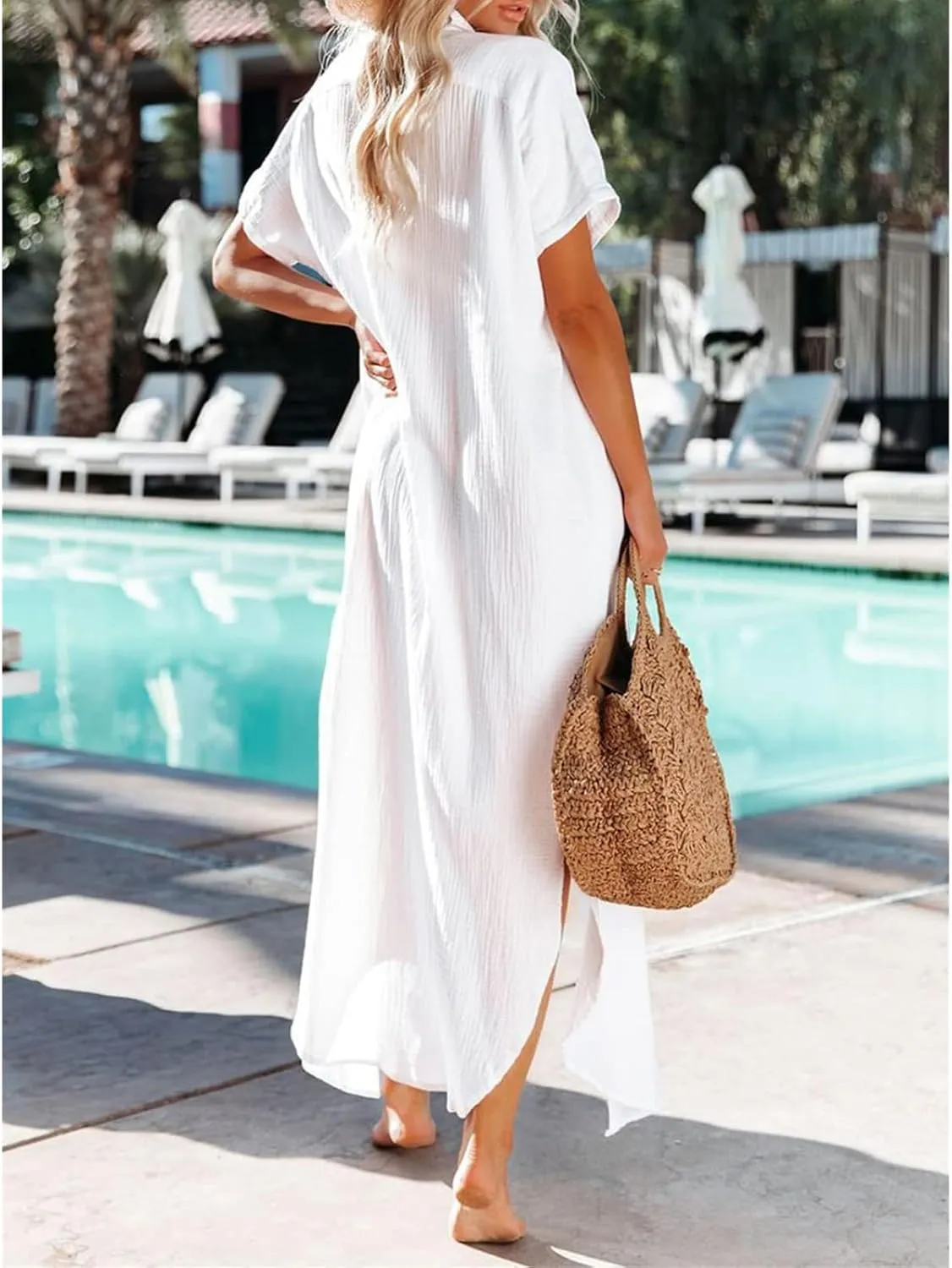 Women's Maxi Dress Summer Casual Button Cardigan Beach Dresses Side Slit Swimsuits Cover Up Vacation Long Flowy Skirt
