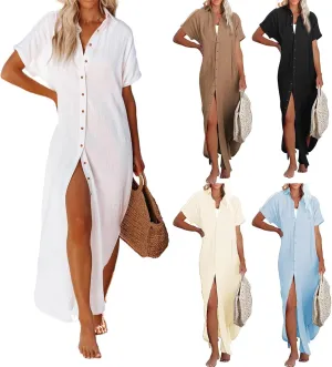 Women's Maxi Dress Summer Casual Button Cardigan Beach Dresses Side Slit Swimsuits Cover Up Vacation Long Flowy Skirt