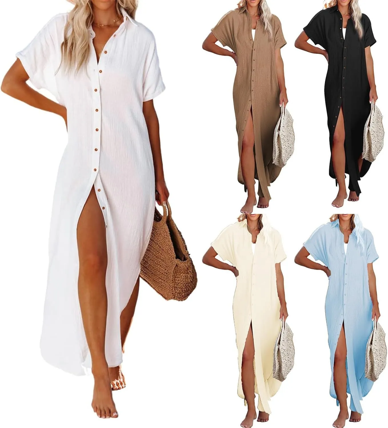 Women's Maxi Dress Summer Casual Button Cardigan Beach Dresses Side Slit Swimsuits Cover Up Vacation Long Flowy Skirt