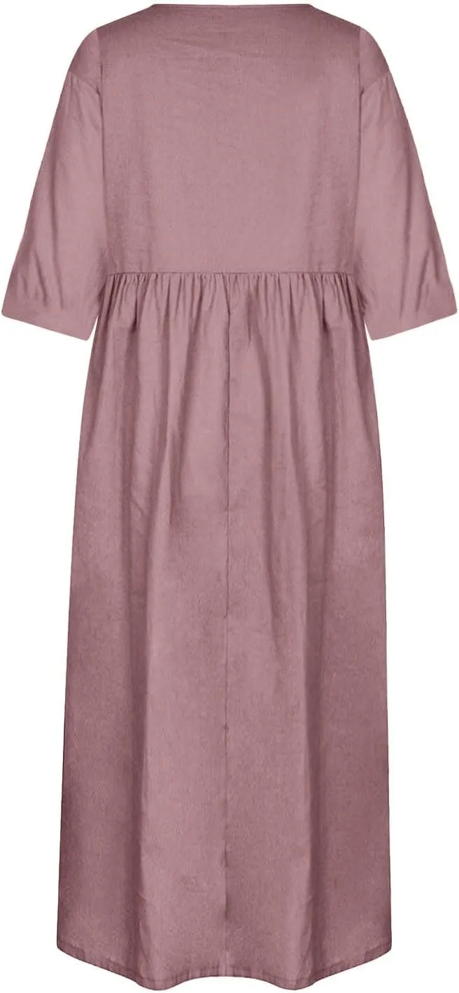 Women's Maxi Dresses 2025 Summer Casual Loose Trendy Short Sleeve Round Neck Solid Color Beach Holiday Dress, S-5XL