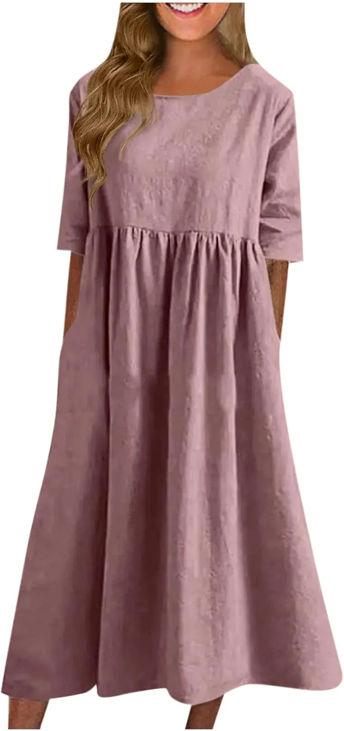 Women's Maxi Dresses 2025 Summer Casual Loose Trendy Short Sleeve Round Neck Solid Color Beach Holiday Dress, S-5XL