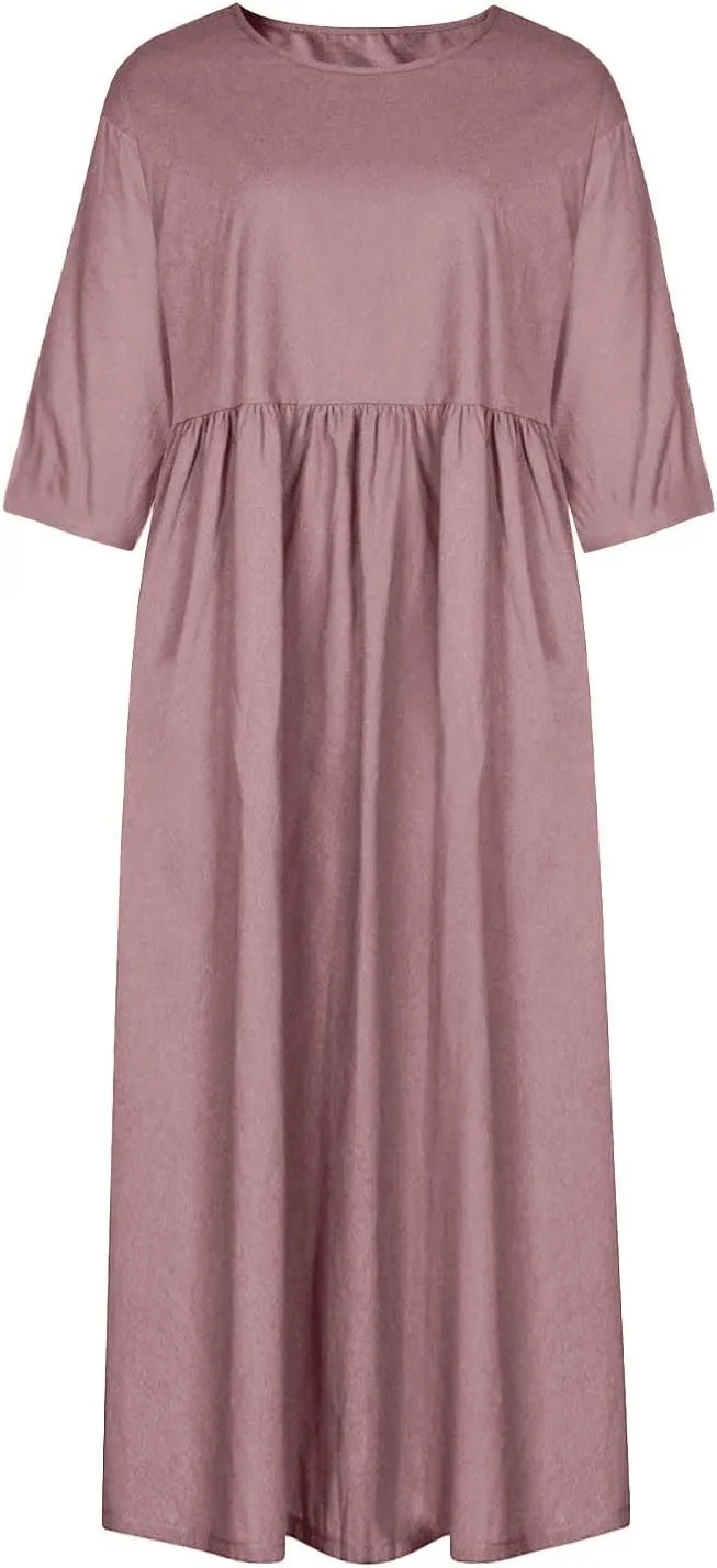Women's Maxi Dresses 2025 Summer Casual Loose Trendy Short Sleeve Round Neck Solid Color Beach Holiday Dress, S-5XL