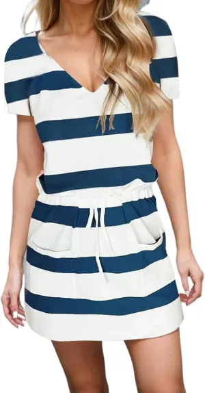 Women's Mini Dresses Summer Short Sleeve V Neck Tops Dress Elastic Waist Drawstring Dress Casual Striped Dresses