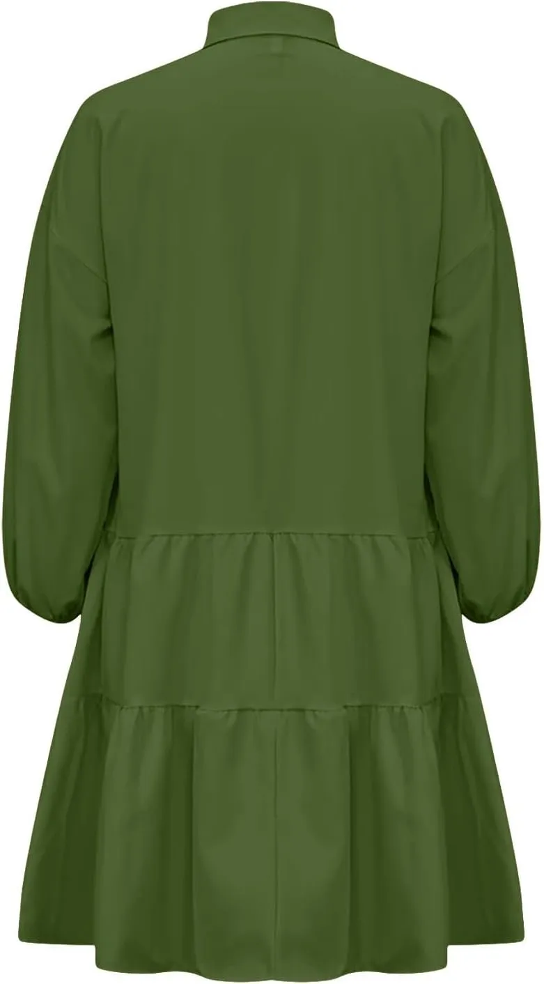Women's Oversized Collared Mini Dresses Puff Sleeve Tiered Tunic Babydoll Dress Cute Button Down Flowy Shirt Dress