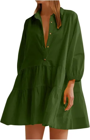 Women's Oversized Collared Mini Dresses Puff Sleeve Tiered Tunic Babydoll Dress Cute Button Down Flowy Shirt Dress