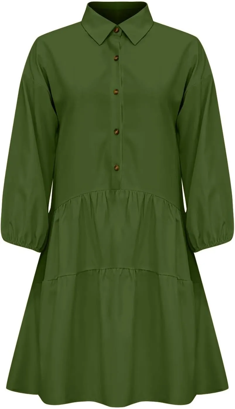Women's Oversized Collared Mini Dresses Puff Sleeve Tiered Tunic Babydoll Dress Cute Button Down Flowy Shirt Dress