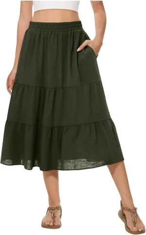 Women's Pleated A-line Midi Skirt Elastic Waist Fake Button Front Casual Flared Long Skirts Summer Office Work Skirt