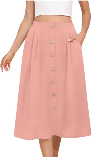 Women's Pleated A-line Midi Skirt Elastic Waist Fake Button Front Casual Flared Long Skirts Summer Office Work Skirt