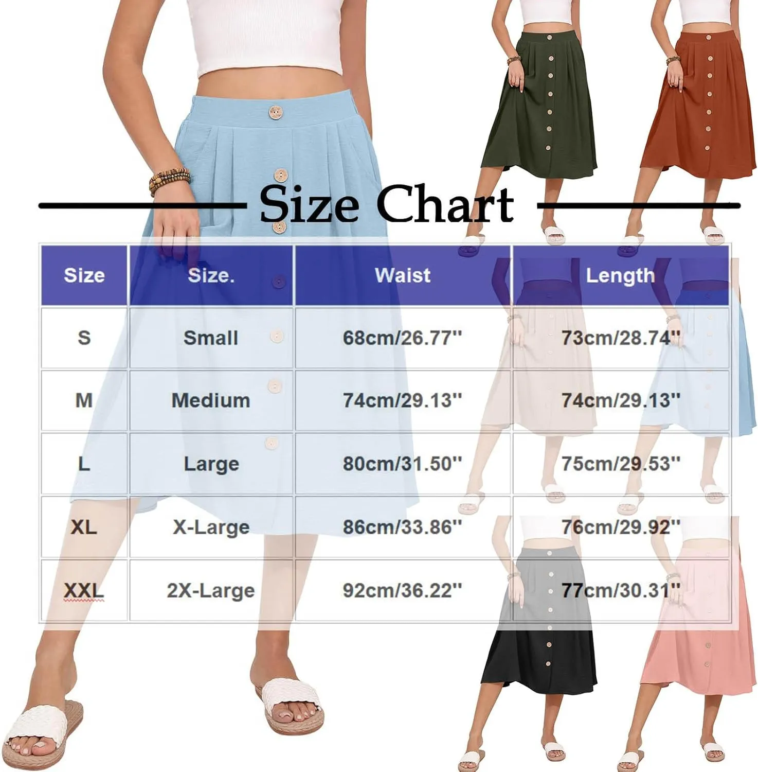 Women's Pleated A-line Midi Skirt Elastic Waist Fake Button Front Casual Flared Long Skirts Summer Office Work Skirt
