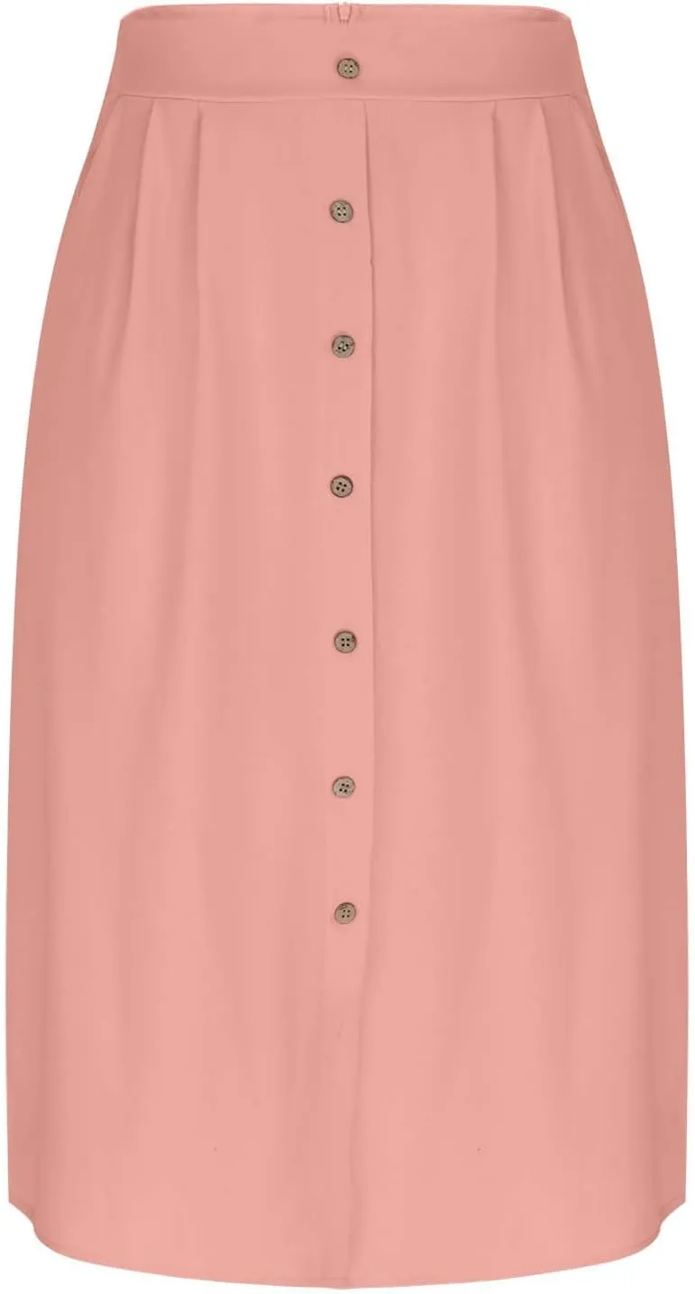 Women's Pleated A-line Midi Skirt Elastic Waist Fake Button Front Casual Flared Long Skirts Summer Office Work Skirt