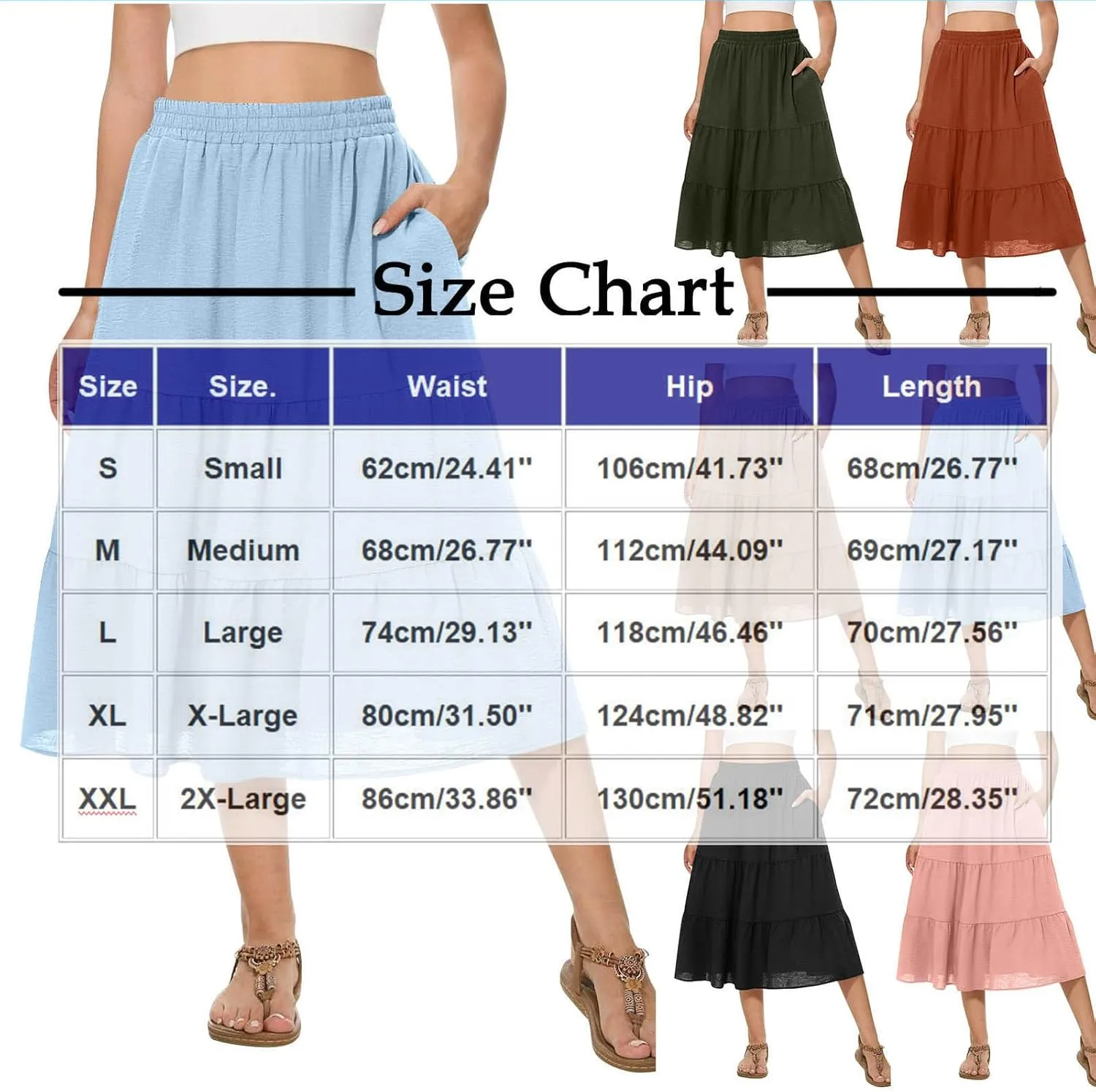 Women's Pleated A-line Midi Skirt Elastic Waist Fake Button Front Casual Flared Long Skirts Summer Office Work Skirt