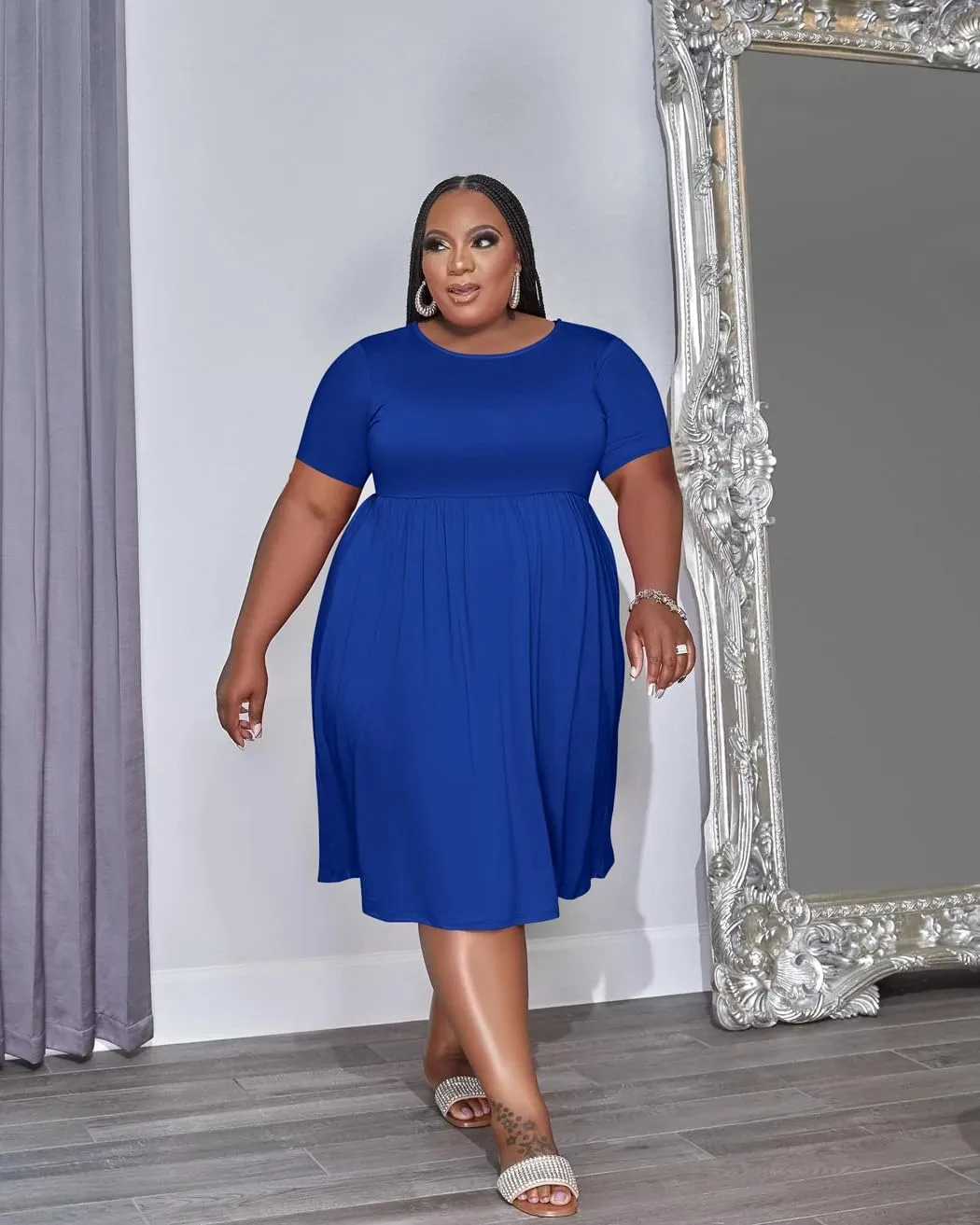 Women's Plus Size Casual Midi Dress Summer Short Sleeve Beach Dress Swing Flowy Tiered Dresses