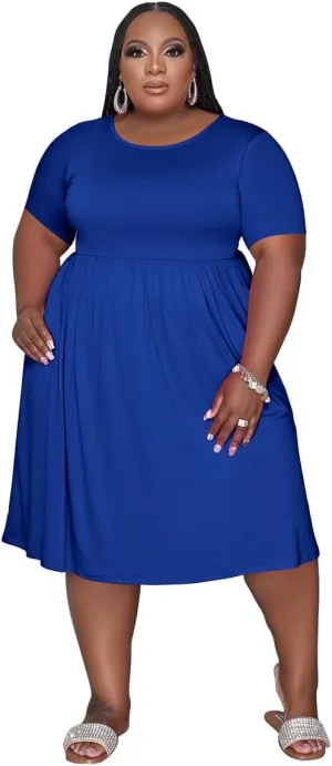 Women's Plus Size Casual Midi Dress Summer Short Sleeve Beach Dress Swing Flowy Tiered Dresses