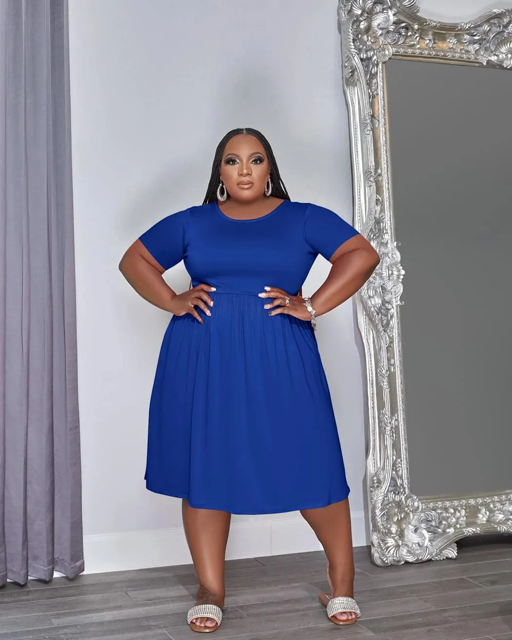 Women's Plus Size Casual Midi Dress Summer Short Sleeve Beach Dress Swing Flowy Tiered Dresses