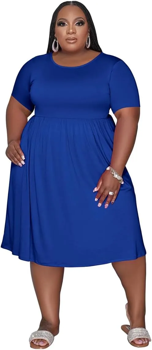 Women's Plus Size Casual Midi Dress Summer Short Sleeve Beach Dress Swing Flowy Tiered Dresses