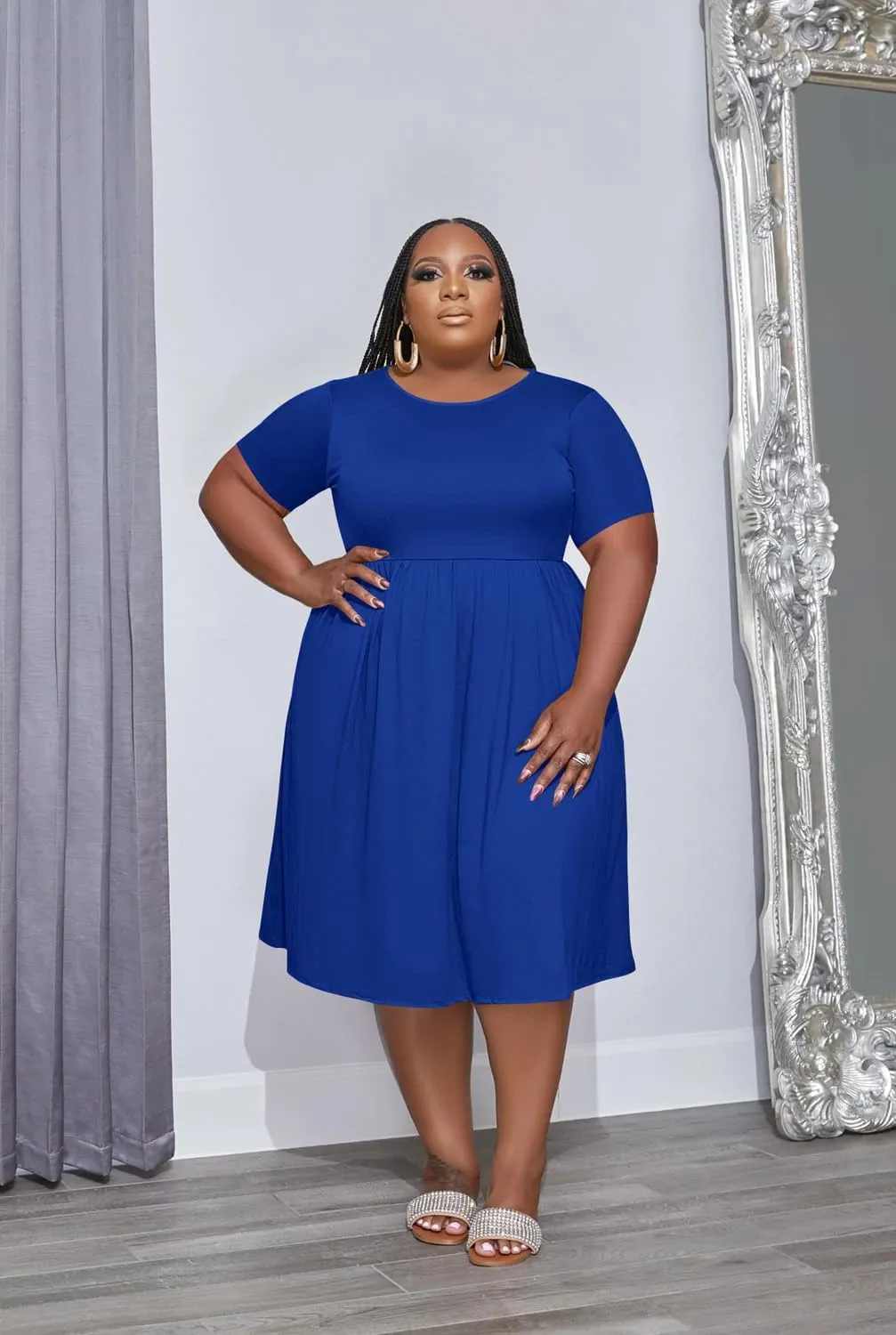 Women's Plus Size Casual Midi Dress Summer Short Sleeve Beach Dress Swing Flowy Tiered Dresses