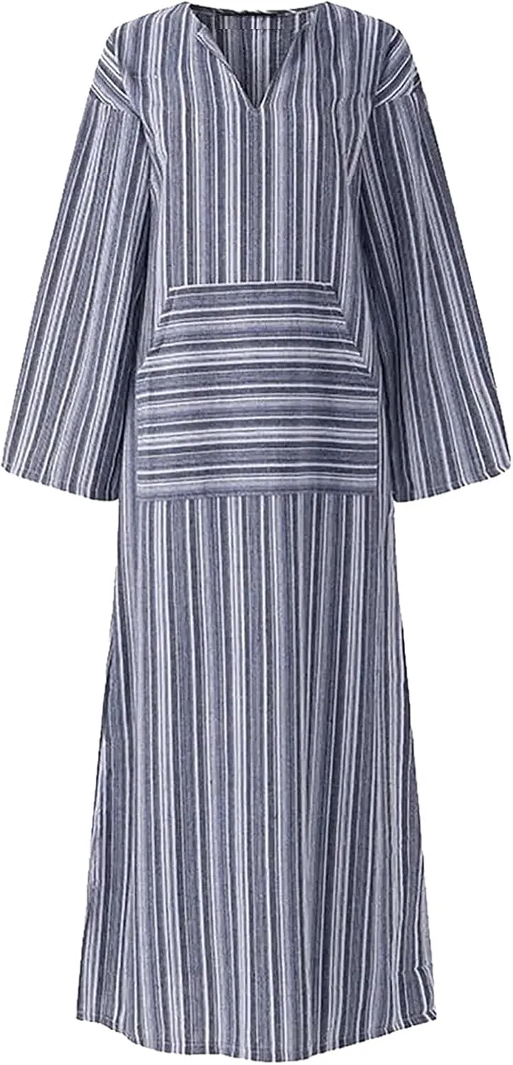 Women's Plus Size Cotton Linen Dresses Striped V Neck Caftans 3/4 Sleeve Casual Loose Maxi Beach Dress with Pockets