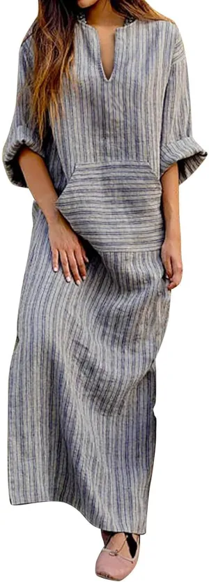 Women's Plus Size Cotton Linen Dresses Striped V Neck Caftans 3/4 Sleeve Casual Loose Maxi Beach Dress with Pockets