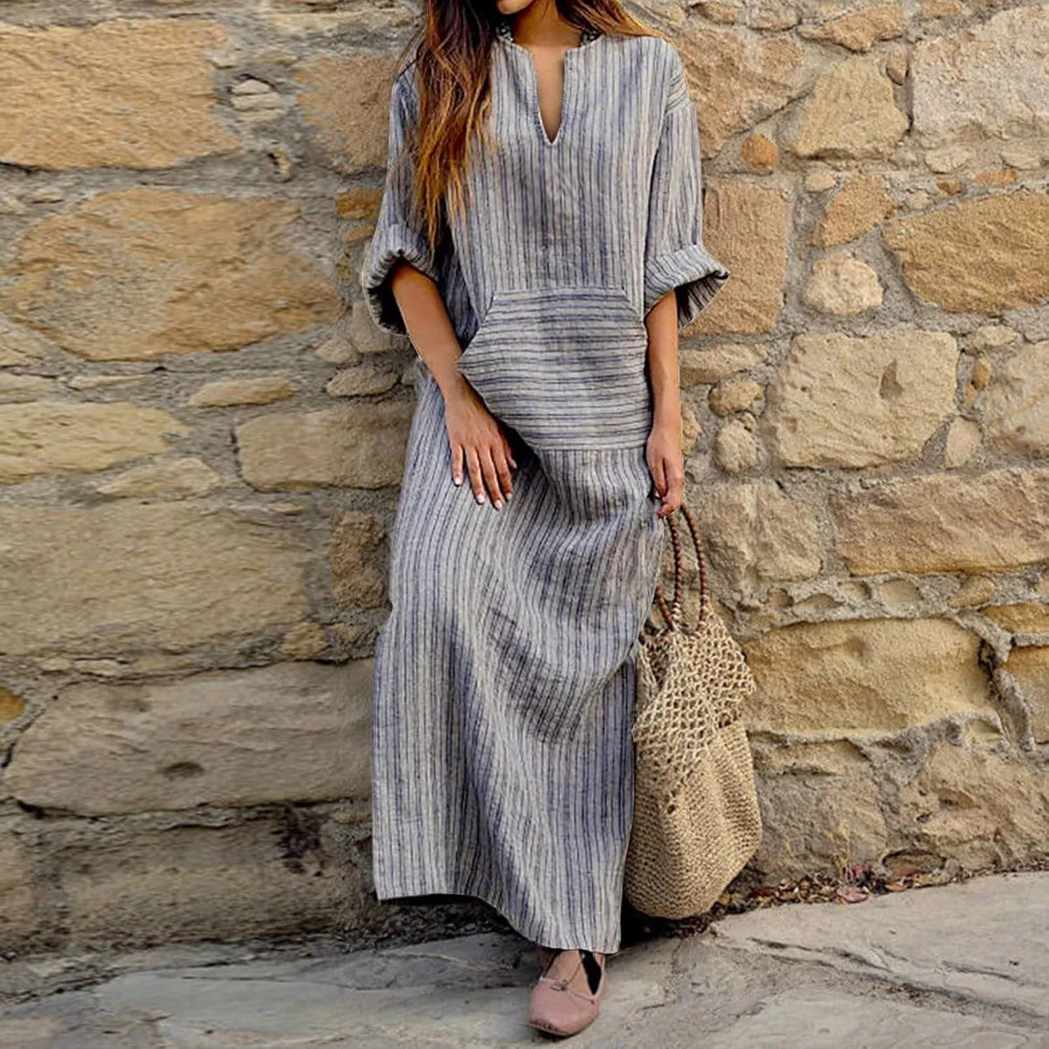 Women's Plus Size Cotton Linen Dresses Striped V Neck Caftans 3/4 Sleeve Casual Loose Maxi Beach Dress with Pockets