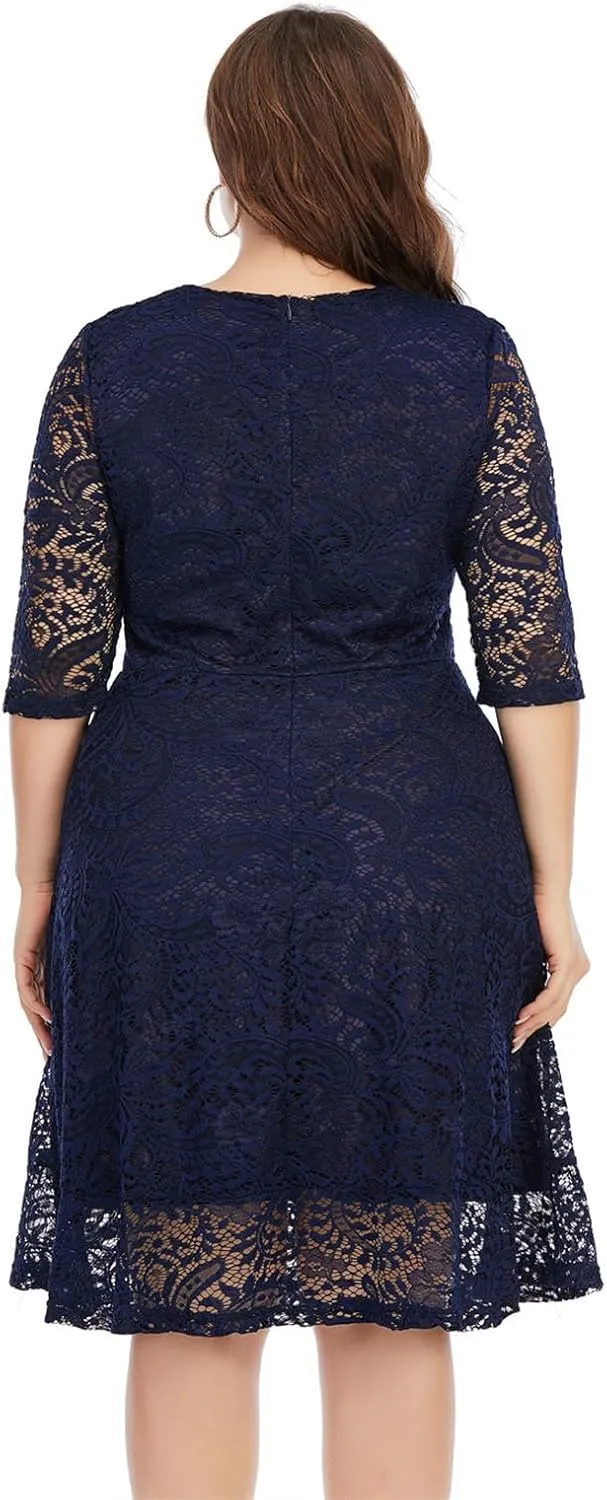 Women's Plus Size Floral Lace Party Dress Cocktail Midi Dress Wedding Dresses with Pockets