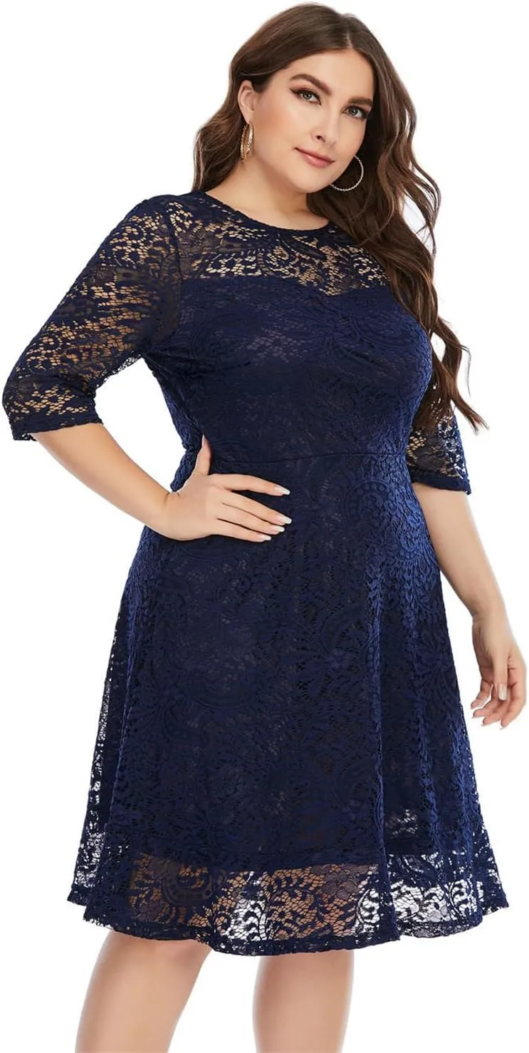 Women's Plus Size Floral Lace Party Dress Cocktail Midi Dress Wedding Dresses with Pockets