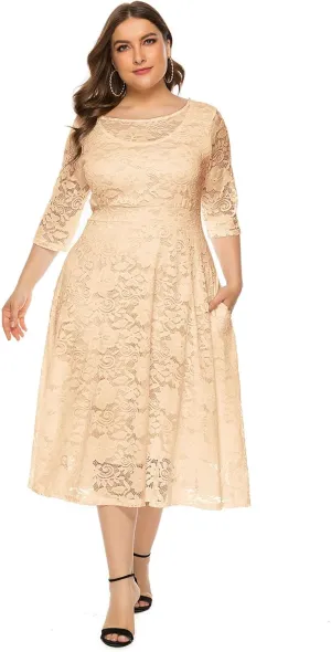 Women's Plus Size Floral Lace Party Dress Cocktail Midi Dress Wedding Dresses with Pockets