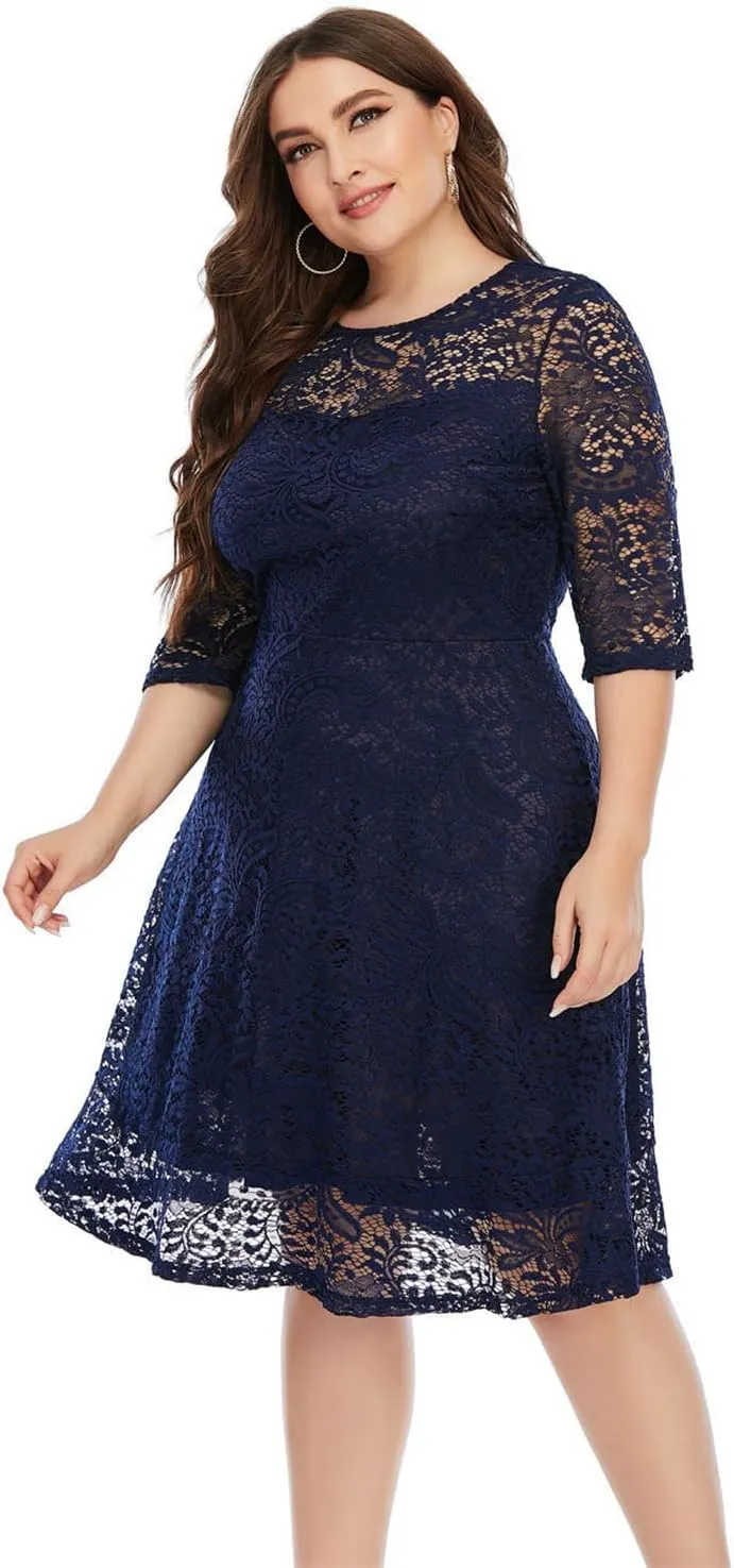 Women's Plus Size Floral Lace Party Dress Cocktail Midi Dress Wedding Dresses with Pockets