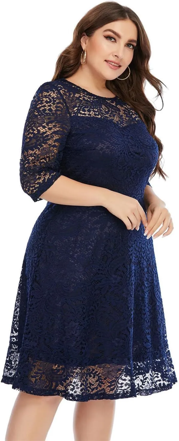 Women's Plus Size Floral Lace Party Dress Cocktail Midi Dress Wedding Dresses with Pockets