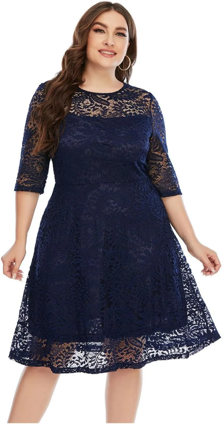 Women's Plus Size Floral Lace Party Dress Cocktail Midi Dress Wedding Dresses with Pockets