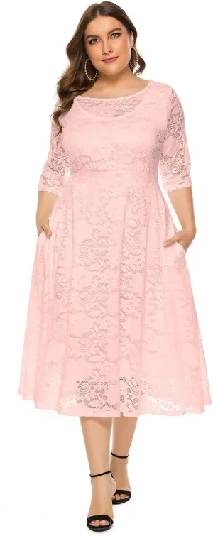Women's Plus Size Floral Lace Party Dress Cocktail Midi Dress Wedding Dresses with Pockets