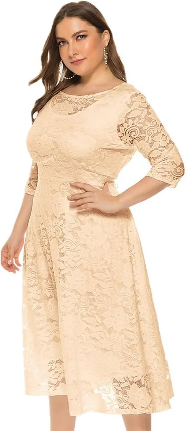 Women's Plus Size Floral Lace Party Dress Cocktail Midi Dress Wedding Dresses with Pockets