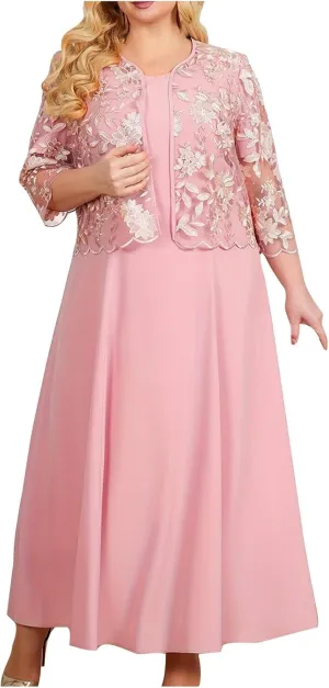 Women's Plus Size Mother of The Bride Dress 3/4 Sleeve Lace Jacket Midi Dresses for Wedding Party