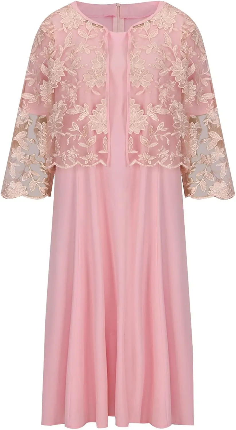 Women's Plus Size Mother of The Bride Dress 3/4 Sleeve Lace Jacket Midi Dresses for Wedding Party