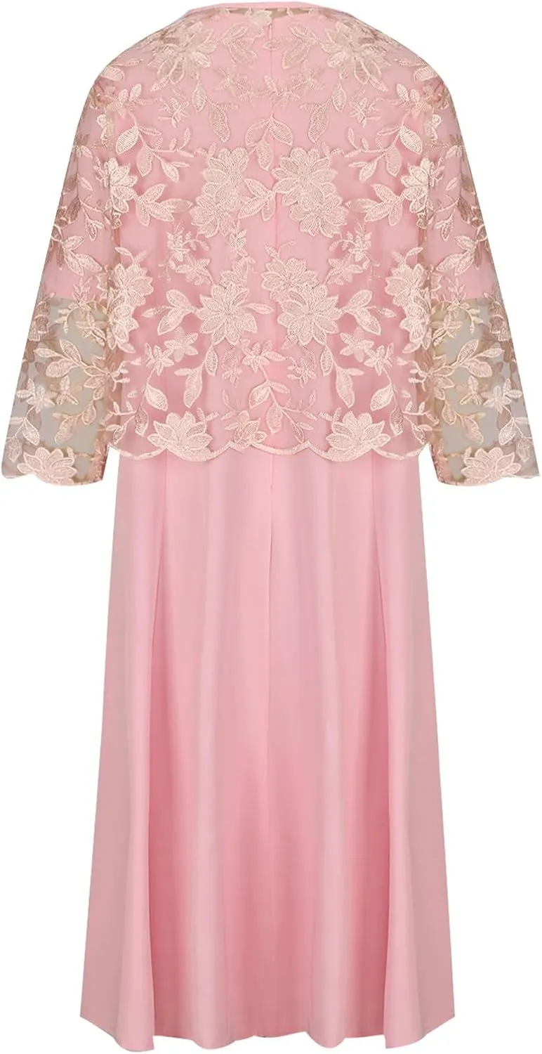 Women's Plus Size Mother of The Bride Dress 3/4 Sleeve Lace Jacket Midi Dresses for Wedding Party
