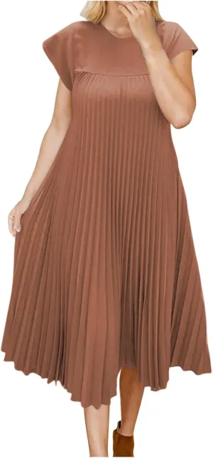 Women's Plus Size Ruched Casual Midi Dress, Summer Short Sleeve Crewneck Vacation Clothes Loose Fit Breathable Dresses
