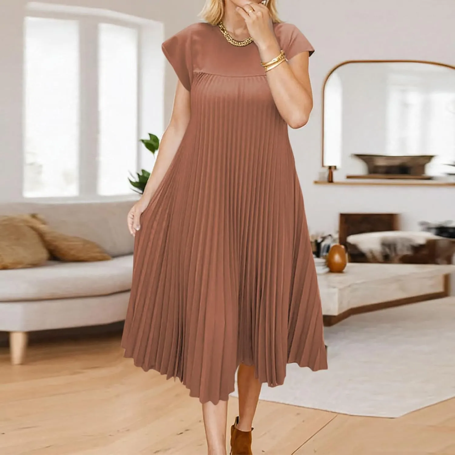 Women's Plus Size Ruched Casual Midi Dress, Summer Short Sleeve Crewneck Vacation Clothes Loose Fit Breathable Dresses