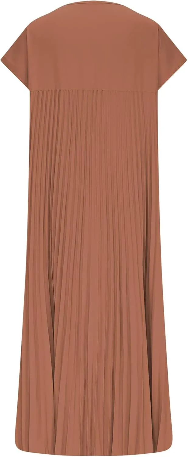 Women's Plus Size Ruched Casual Midi Dress, Summer Short Sleeve Crewneck Vacation Clothes Loose Fit Breathable Dresses
